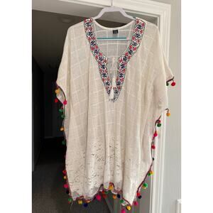 Zury Women's White Tassel Embroidered Swim Coverup Boho Beach Dress OS